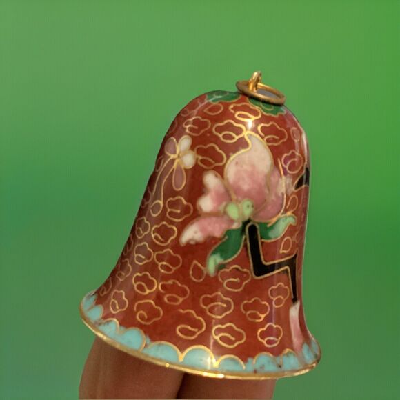 VTG Cloisonné Enameled Brass Bell Floral Design Brown Gold Toned Trim 2” High - Picture 2 of 12